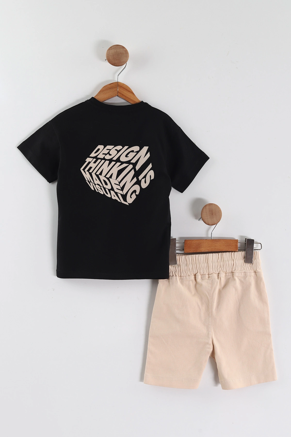 Siyah (3-10 Yaş) Design Baskılı Gabardin Şortlu Erkek Çocuk Yazlık Takım 443634