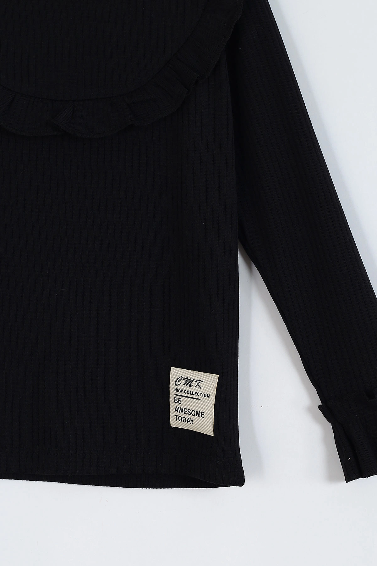 Siyah (3-11 Yaş) Yaka ve Kol Fırfır Detaylı Kız Çocuk Sweatshirt 297012