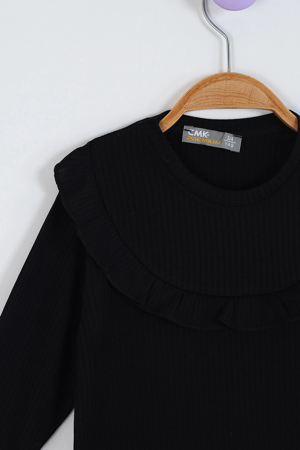 Siyah (3-11 Yaş) Yaka ve Kol Fırfır Detaylı Kız Çocuk Sweatshirt 297012
