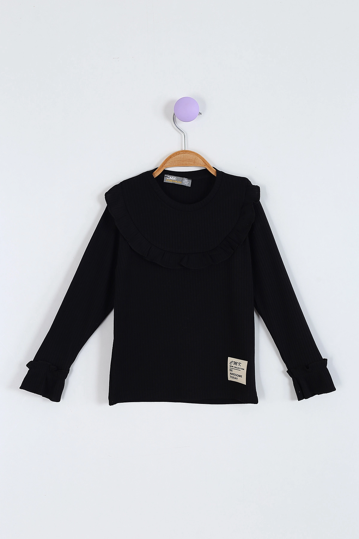 Siyah (3-11 Yaş) Yaka ve Kol Fırfır Detaylı Kız Çocuk Sweatshirt 297012