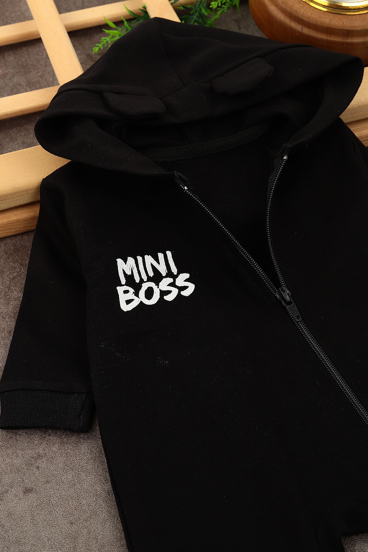 Siyah (3-12 Ay) Mini Boss Baskılı Fermuarlı Erkek Çocuk Tulum 152380