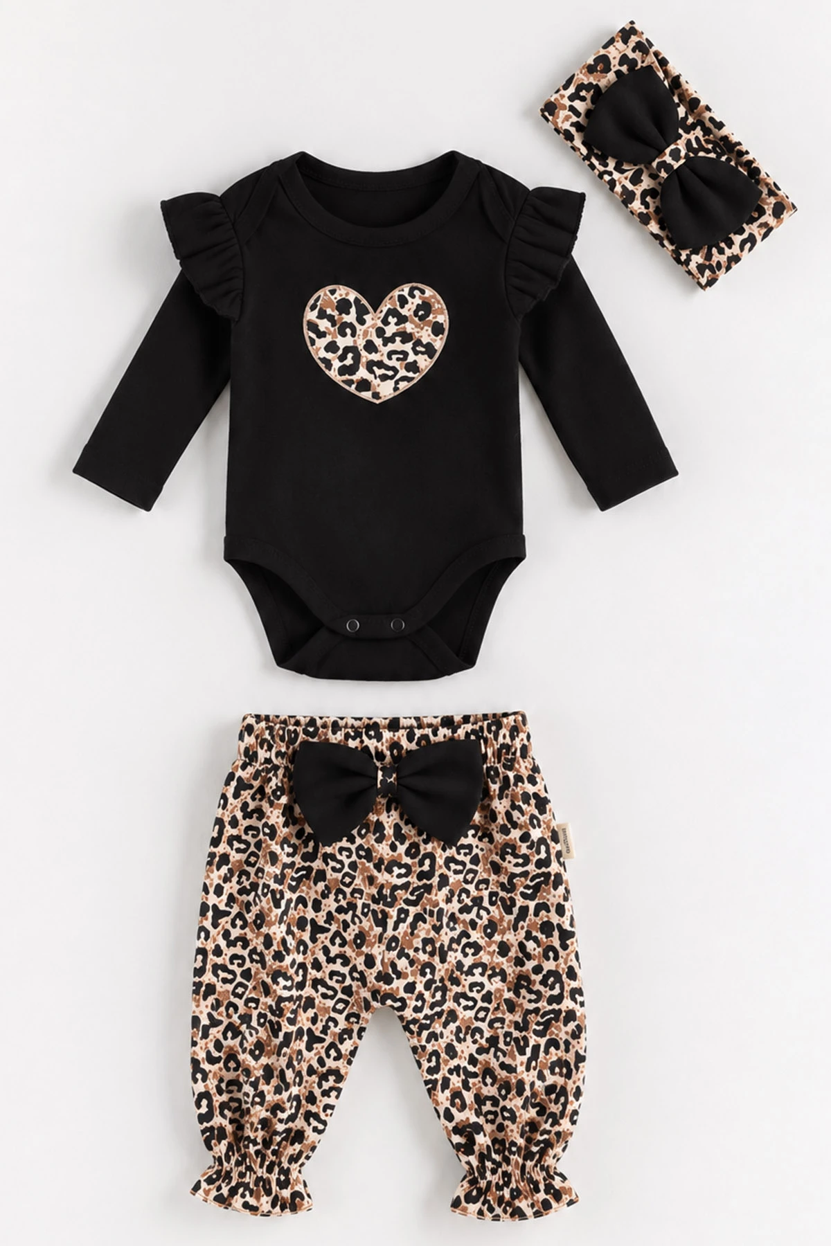 Siyah (3-12 Ay)Leopar Desenli Kalpli Çıtçıt Zıbınlı Kız Bebek 3'lü Takım 476008