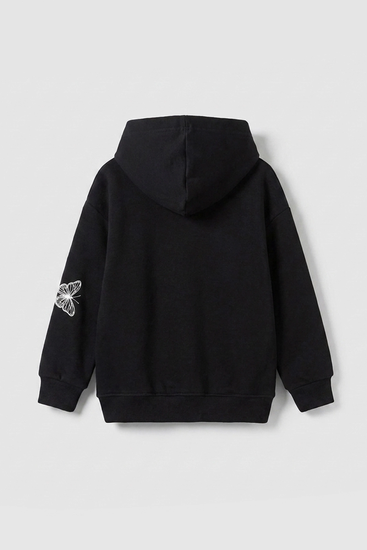 Siyah (3-12 Yaş) Kelebek Baskılı Kapüşonlu  Şardonlu 3 İp Kız Çocuk Sweatshirt 484137