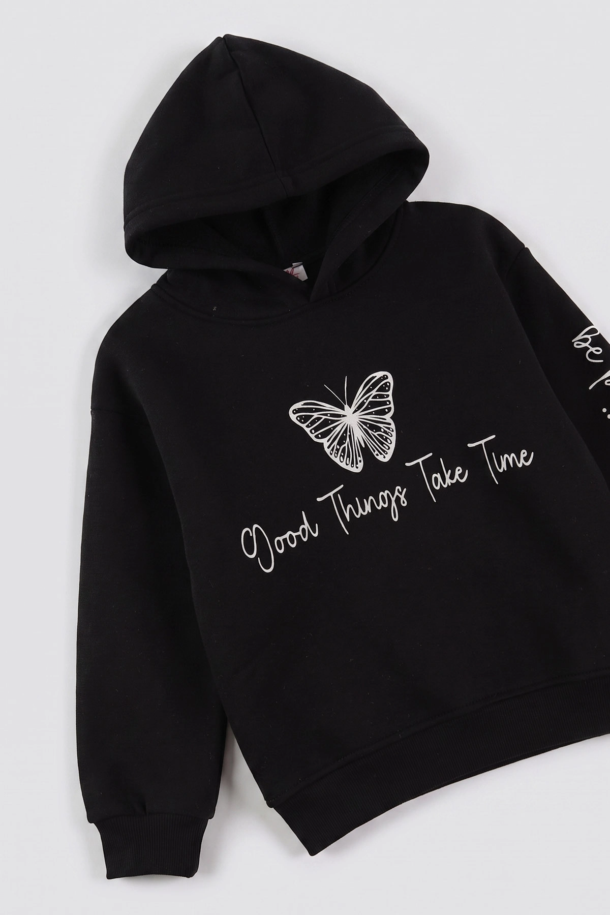 Siyah (3-12 Yaş) Kelebek Baskılı Kapüşonlu  Şardonlu 3 İp Kız Çocuk Sweatshirt 484137