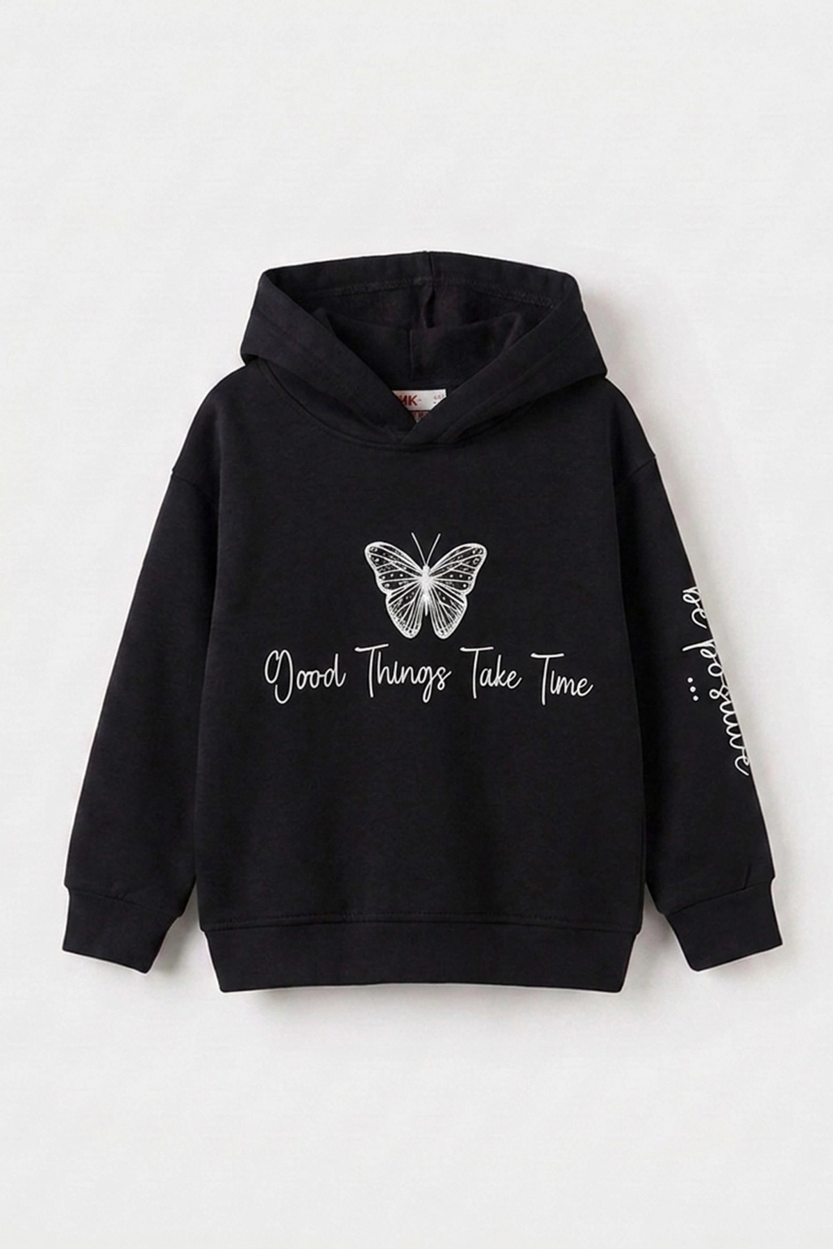 Siyah (3-12 Yaş) Kelebek Baskılı Kapüşonlu  Şardonlu 3 İp Kız Çocuk Sweatshirt 484137
