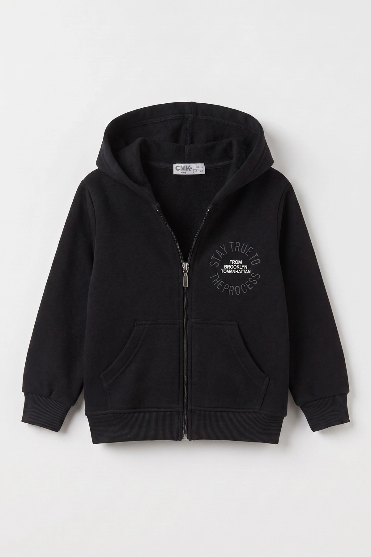 Siyah (3-12 Yaş) Nakışlı Kapüşonlu Fermuarlı  Şardonlu 3 İp Erkek Çocuk Sweatshirt 484132