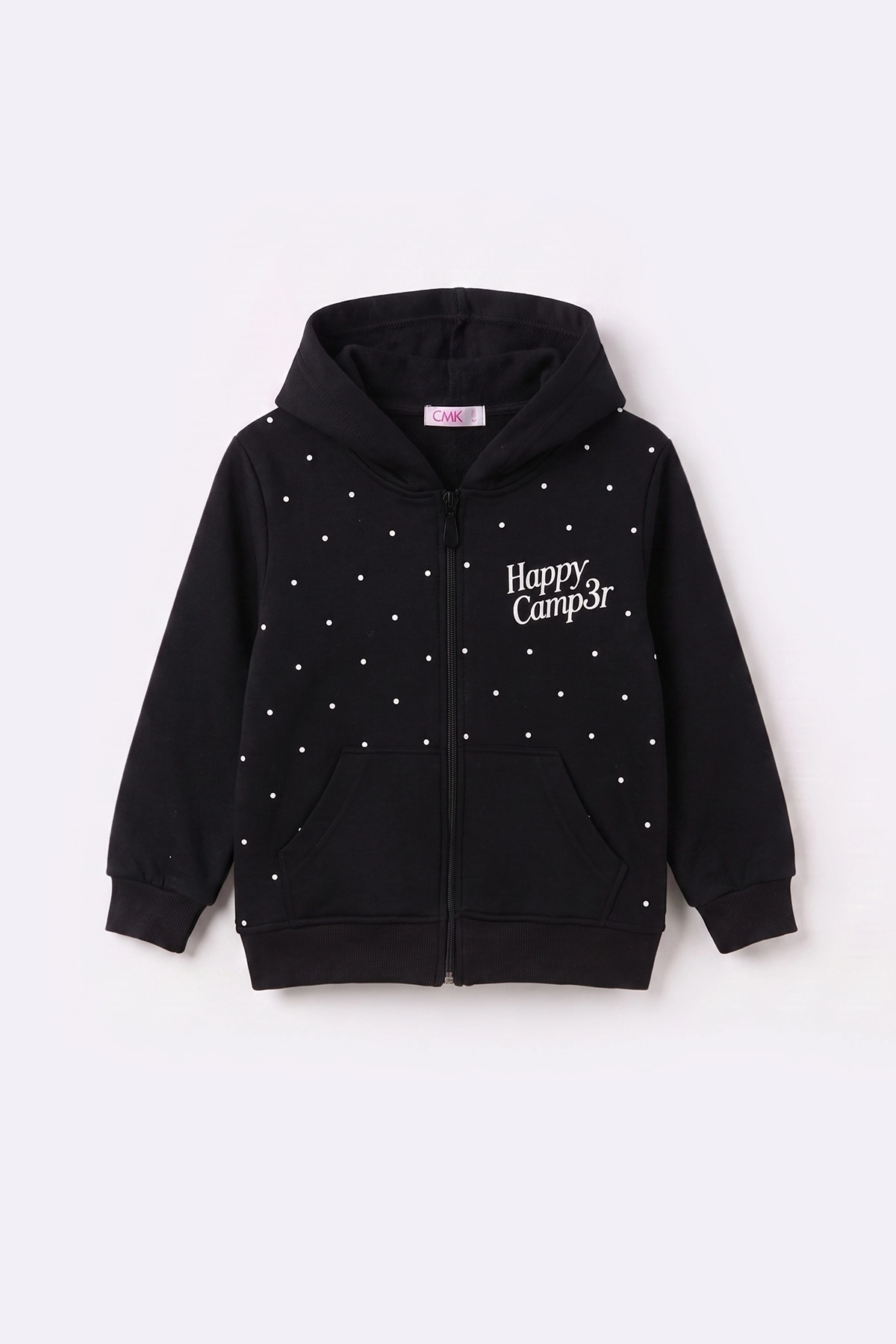 Siyah (3-12 Yaş) Noktalı Baskılı Kapüşonlu 3 İp Şardonlu Kız Çocuk Sweatshirt 483899