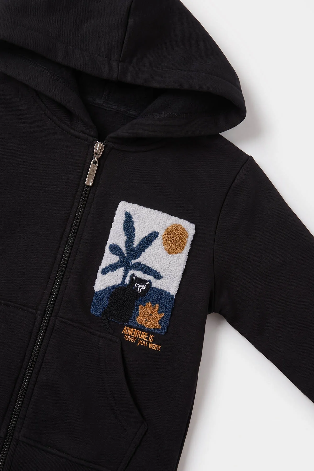 Siyah (3-12 Yaş) Süzene Palmiye Nakışlı Kapüşonlu  3 İp Şardonlu Erkek Çocuk Sweatshirt 478780