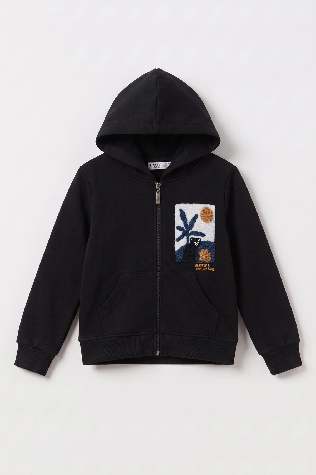 Siyah (3-12 Yaş) Süzene Palmiye Nakışlı Kapüşonlu 3 İp Şardonlu Erkek Çocuk Sweatshirt 478780