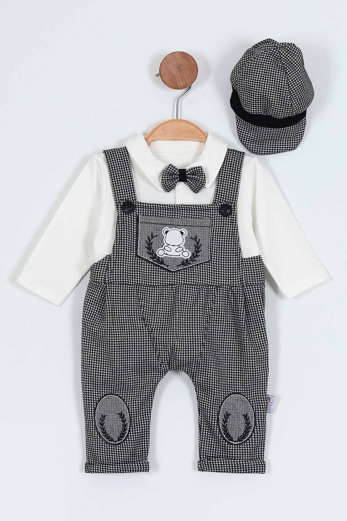 Siyah (3-15 Ay) Papyonlu Ayı Nakışlı İkili Erkek Bebe Salopet 220547