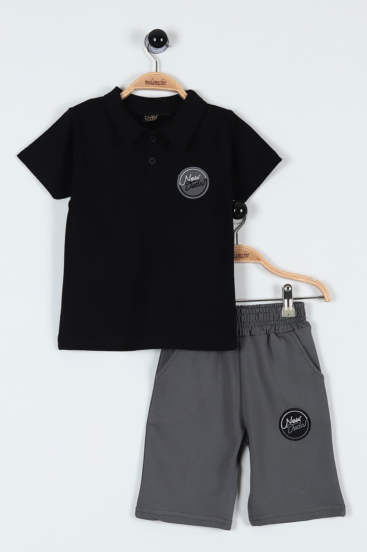 Siyah (3-6 Yaş) New Duds Nakışlı Yakalı Düğme Detaylı Erkek Bebe Takım 183588