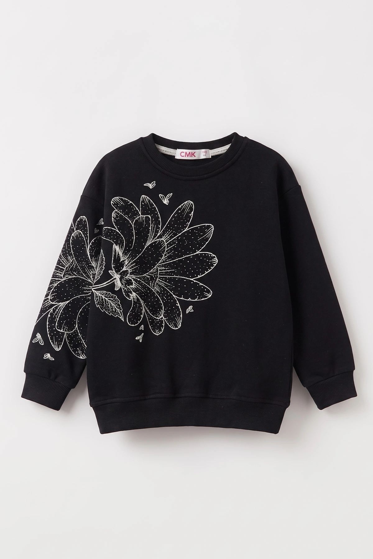 Siyah (4-12 Yaş) Çiçek Baskılı İçi Şardonlu Kız Çocuk Sweatshirt 495883