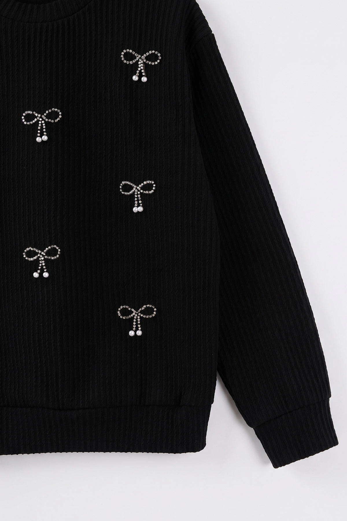 Siyah (4-12 Yaş) İncili Fiyonk Nakışlı Kız Çocuk Sweat 485495