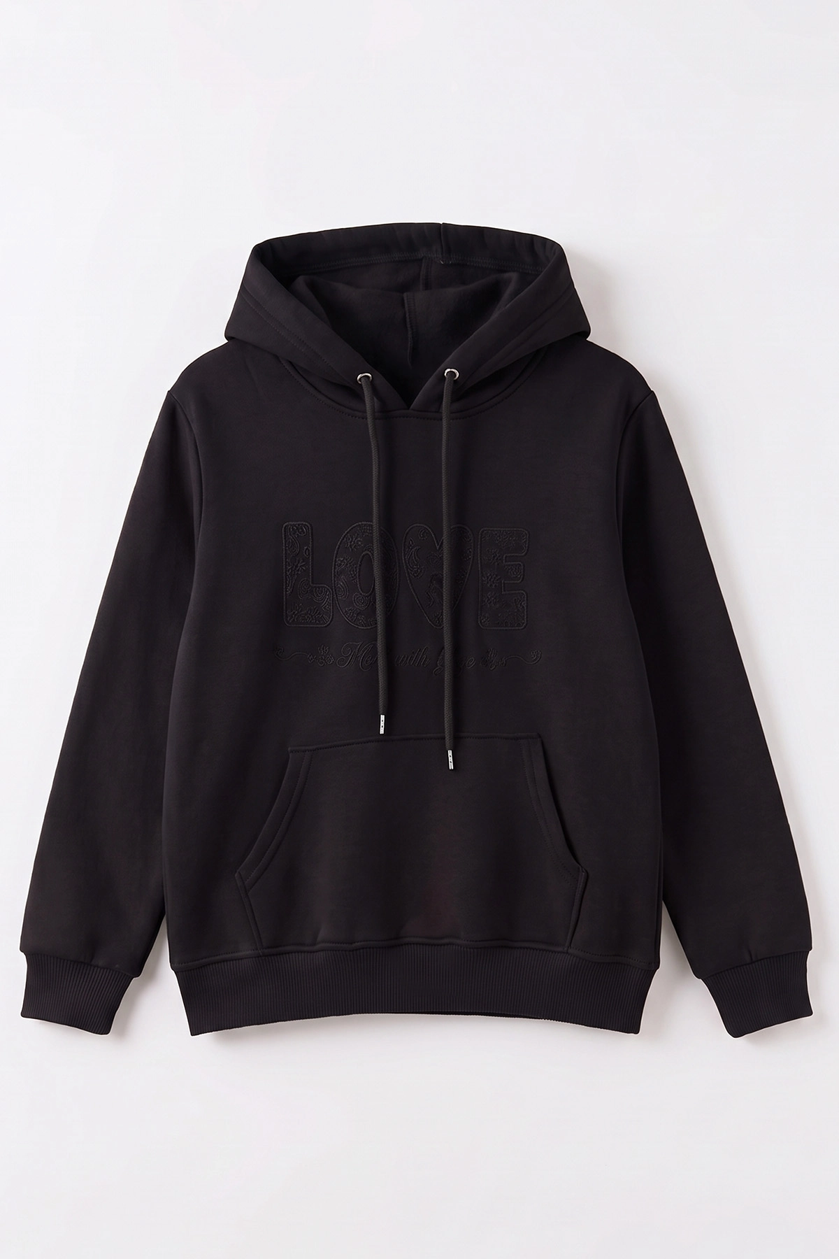 Siyah (4-12 Yaş) Love Nakışlı Kapüşonlu 3 İp Şardonlu Kız Çocuk Sweatshirt 495030