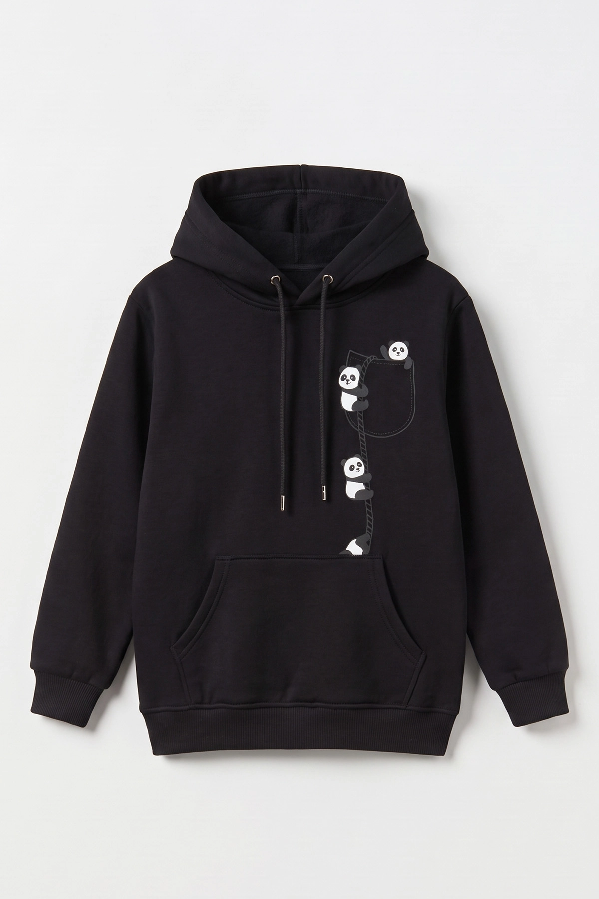 Siyah (4-12 Yaş) Panda Baskılı Kapüşonlu ve Kanguru Cepli 3 İp Şardonlu Kız Çocuk Sweatshirt 497534
