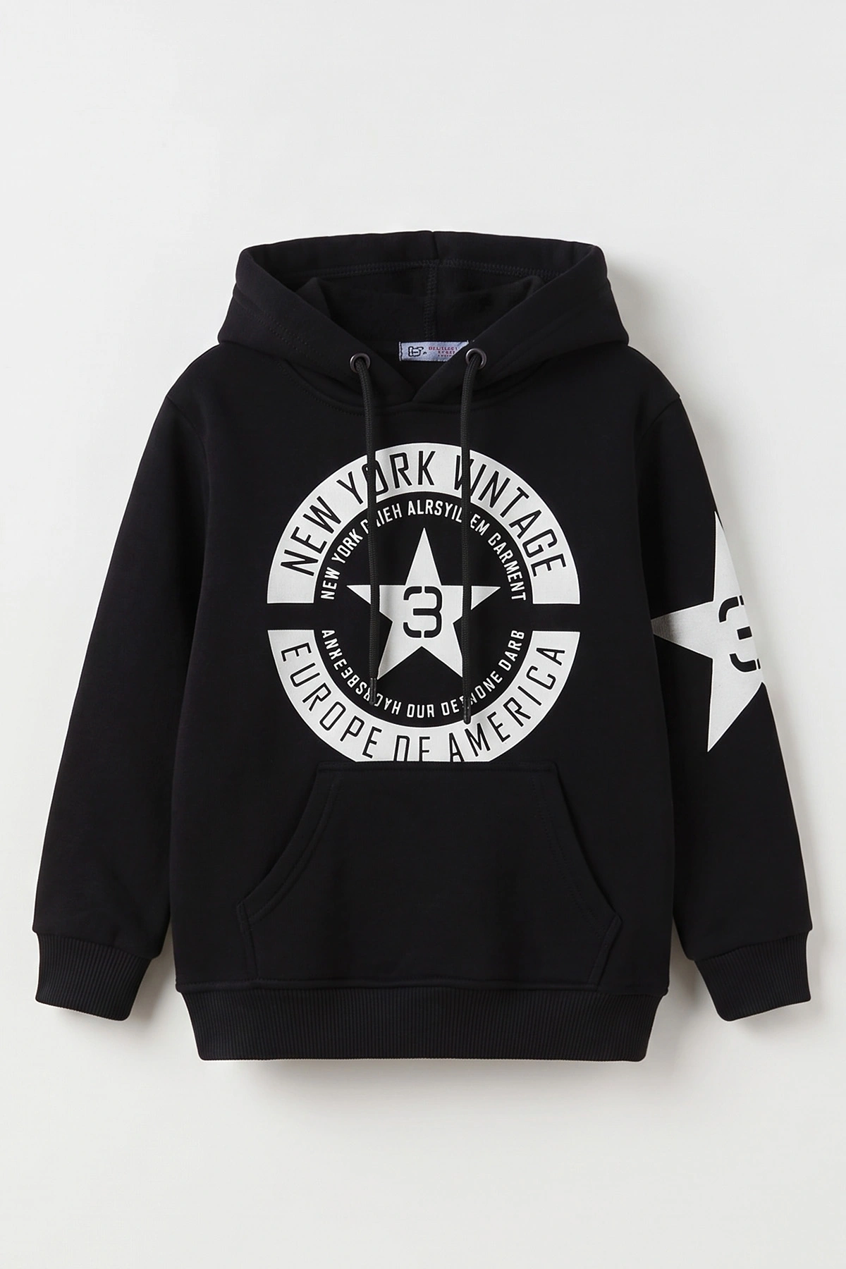 Siyah (4-12 Yaş) Yazı Baskılı Kanguru Cepli ve Kapüşonlu 3 İp Şardonlu Erkek Çocuk Sweatshirt 497558