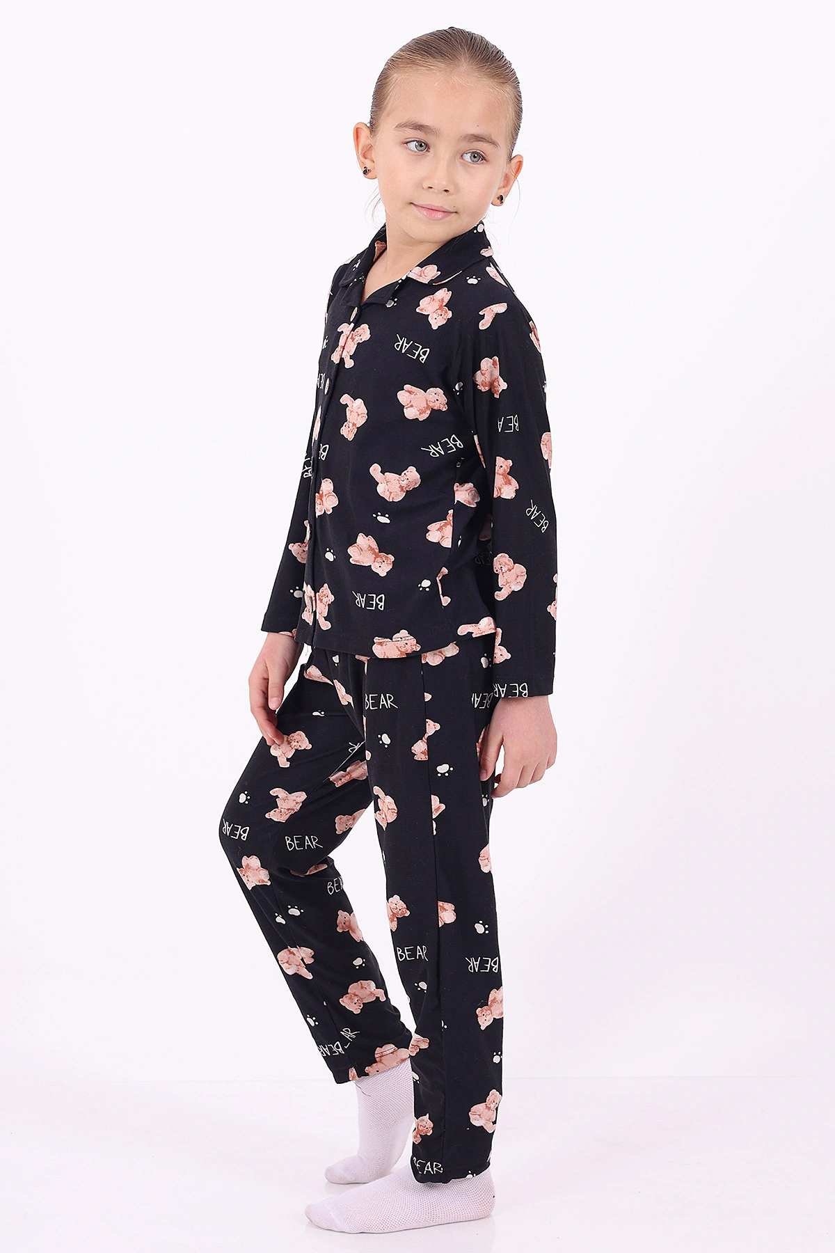 Siyah (4-12 Yaş)Ayıcık Desenli Düğmeli Kız Çocuk Pijama Takımı 329803
