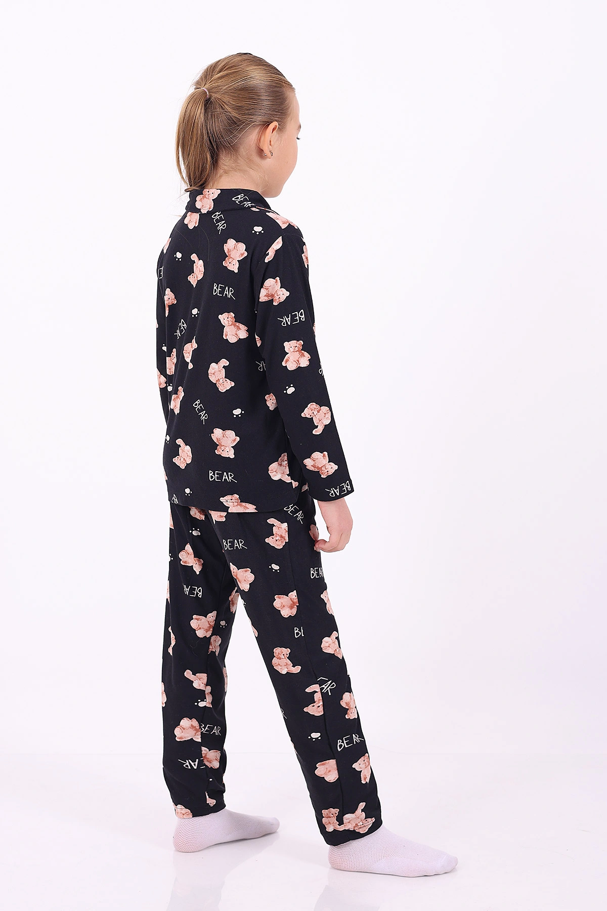 Siyah (4-12 Yaş)Ayıcık Desenli Düğmeli Kız Çocuk Pijama Takımı 329803