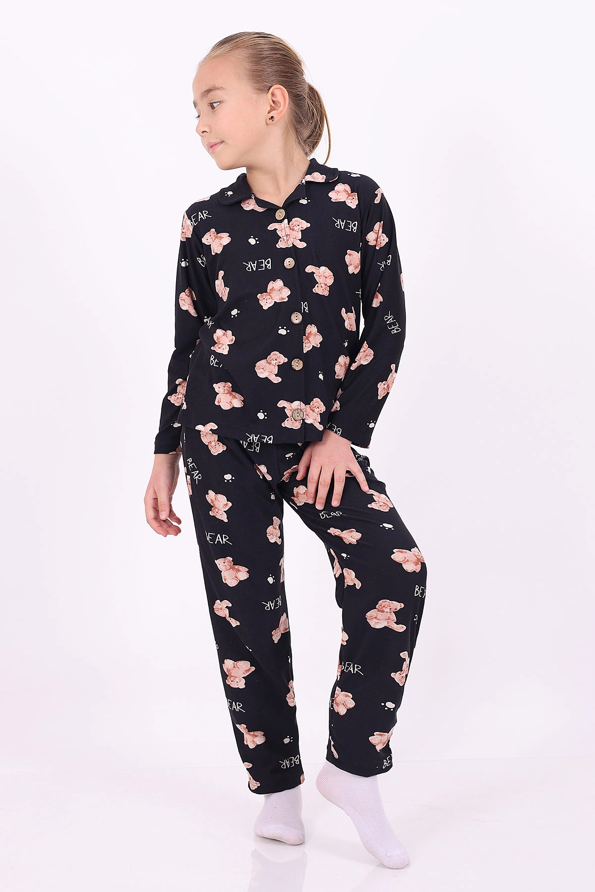 Siyah (4-12 Yaş)Ayıcık Desenli Düğmeli Kız Çocuk Pijama Takımı 329803