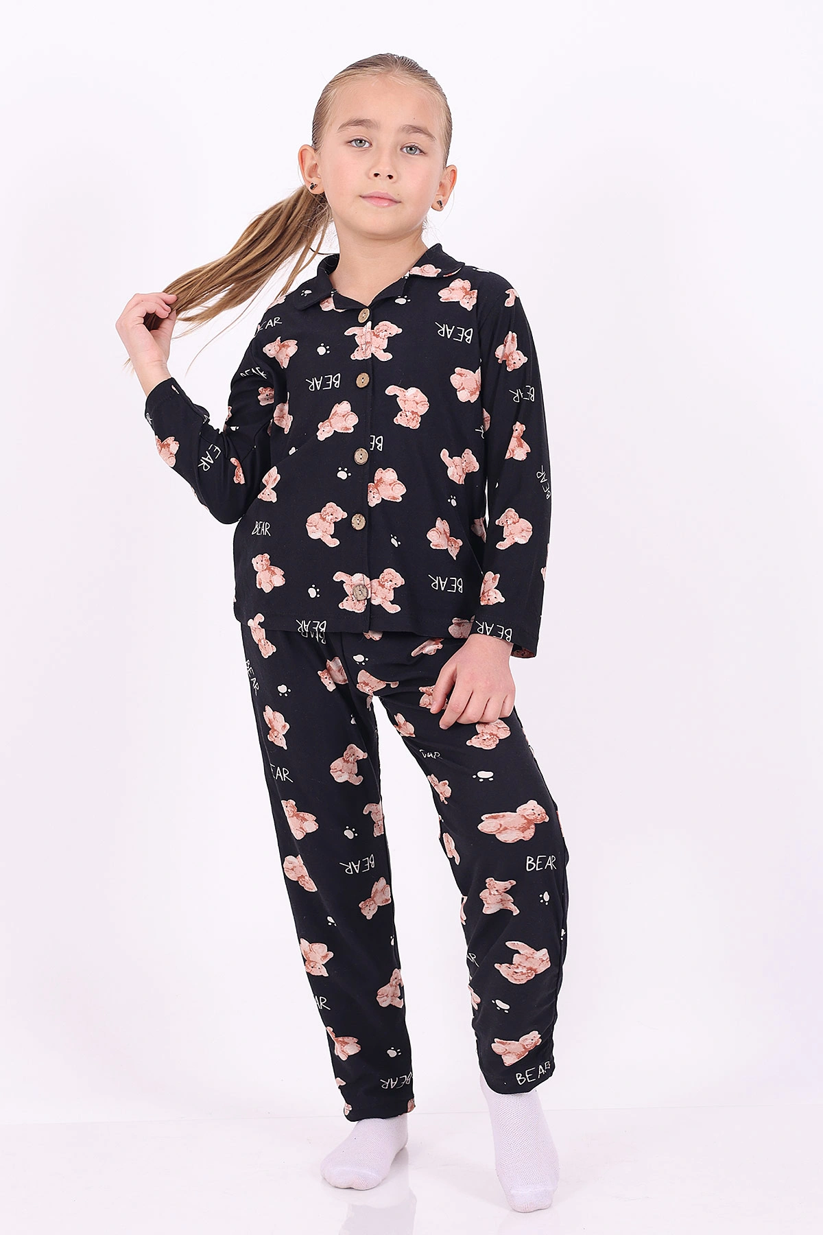 Siyah (4-12 Yaş)Ayıcık Desenli Düğmeli Kız Çocuk Pijama Takımı 329803