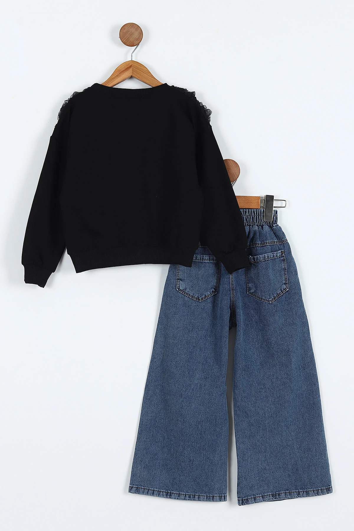 Siyah (5-10 Yaş)Gül Aksesuar   Sweatli Bol Paça Kot Pantolonlu Kız Çocuk 2'li Takım 416410