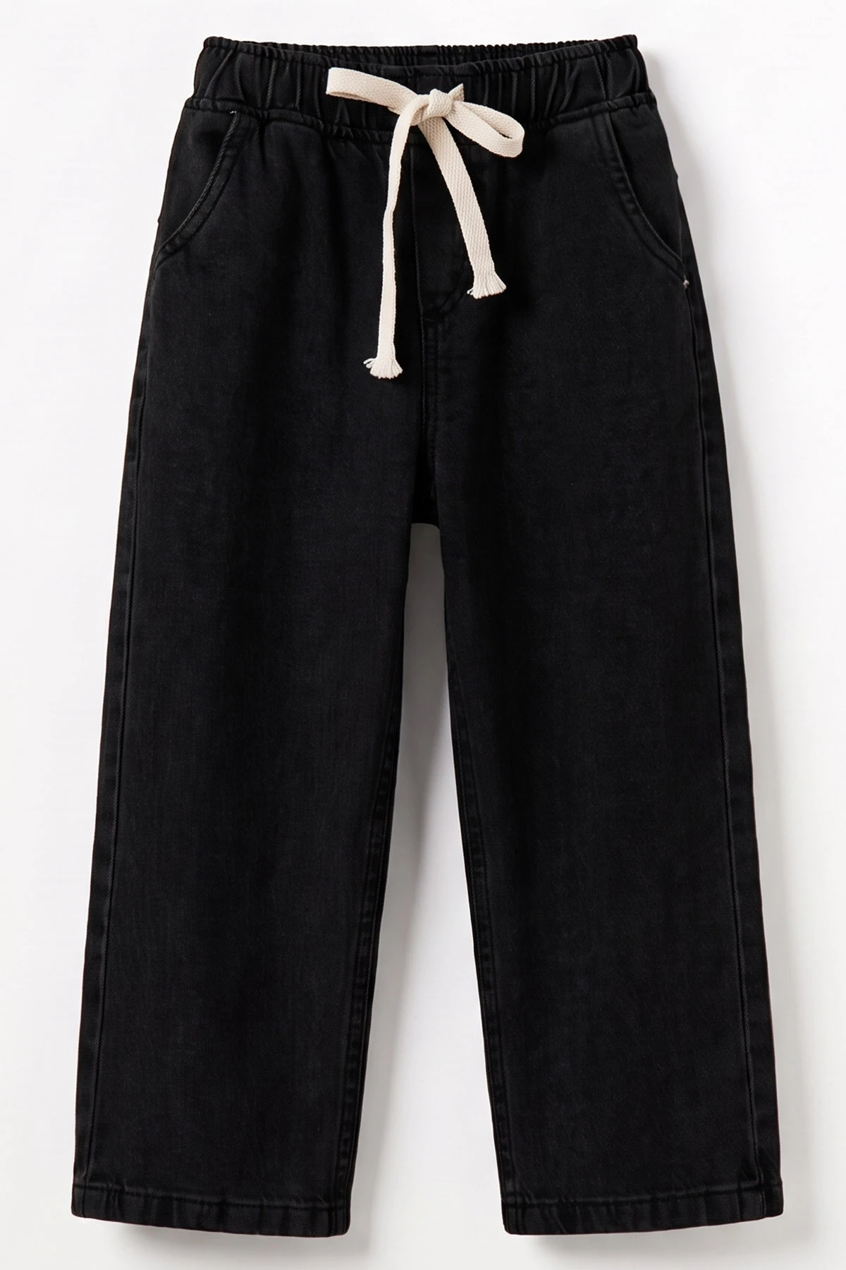 Siyah (5-12 Yaş) Baggy  Belden Bağlamalı Erkek  Çocuk Kot Pantolon 490862