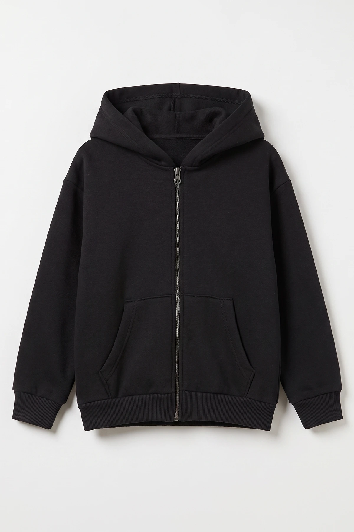 Siyah (5-12 Yaş) Baskısız Fermuarlı Kapüşonlu 3 ip Şardonlu Erkek Çocuk Sweatshirt 483571