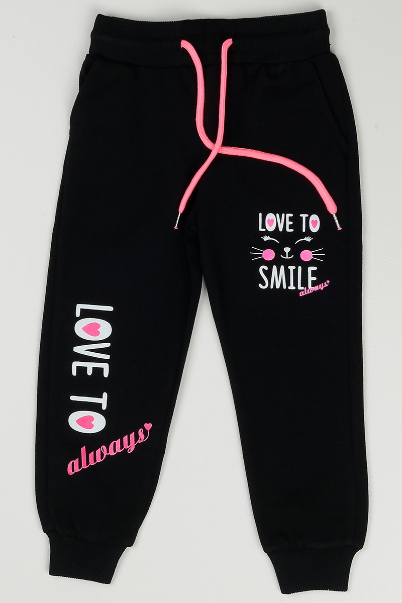 Siyah (5-16 Yaş) Love To Smile Baskılı Kız Çocuk Eşofman 89521