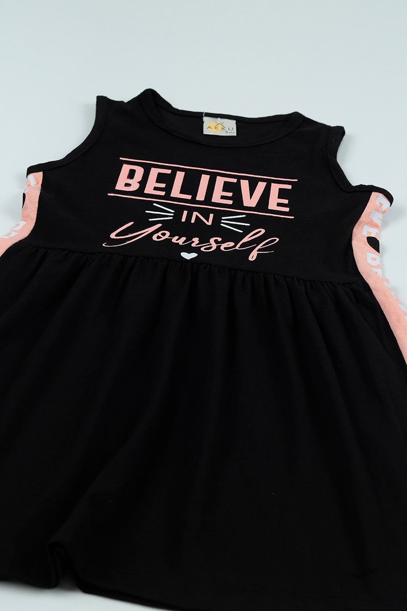 Siyah (5-8 Yaş) Believe Baskılı Kız Çocuk Elbise 97709