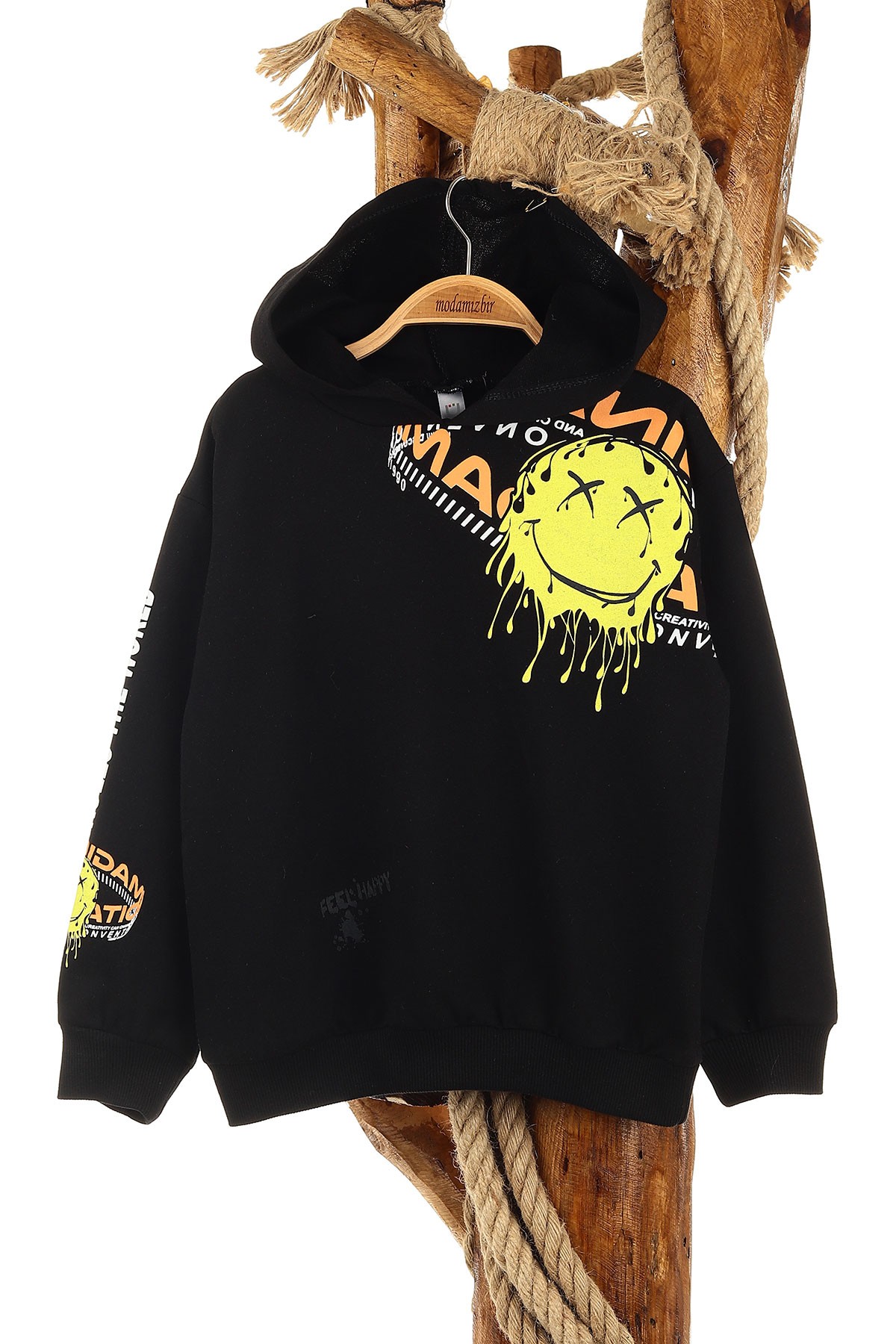 Siyah (5-8 Yaş) Feel Happy Baskılı Kapüşonlu  Mevsimlik Erkek Çocuk Sweat 157151