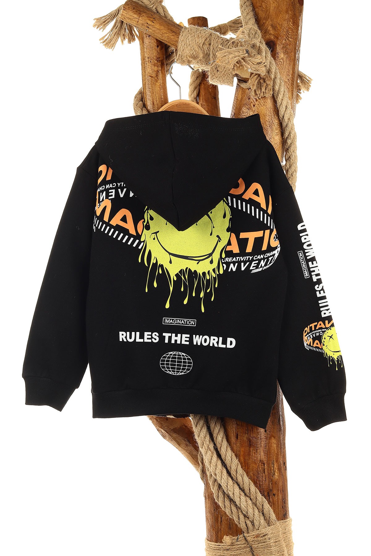 Siyah (5-8 Yaş) Feel Happy Baskılı Kapüşonlu  Mevsimlik Erkek Çocuk Sweat 157151