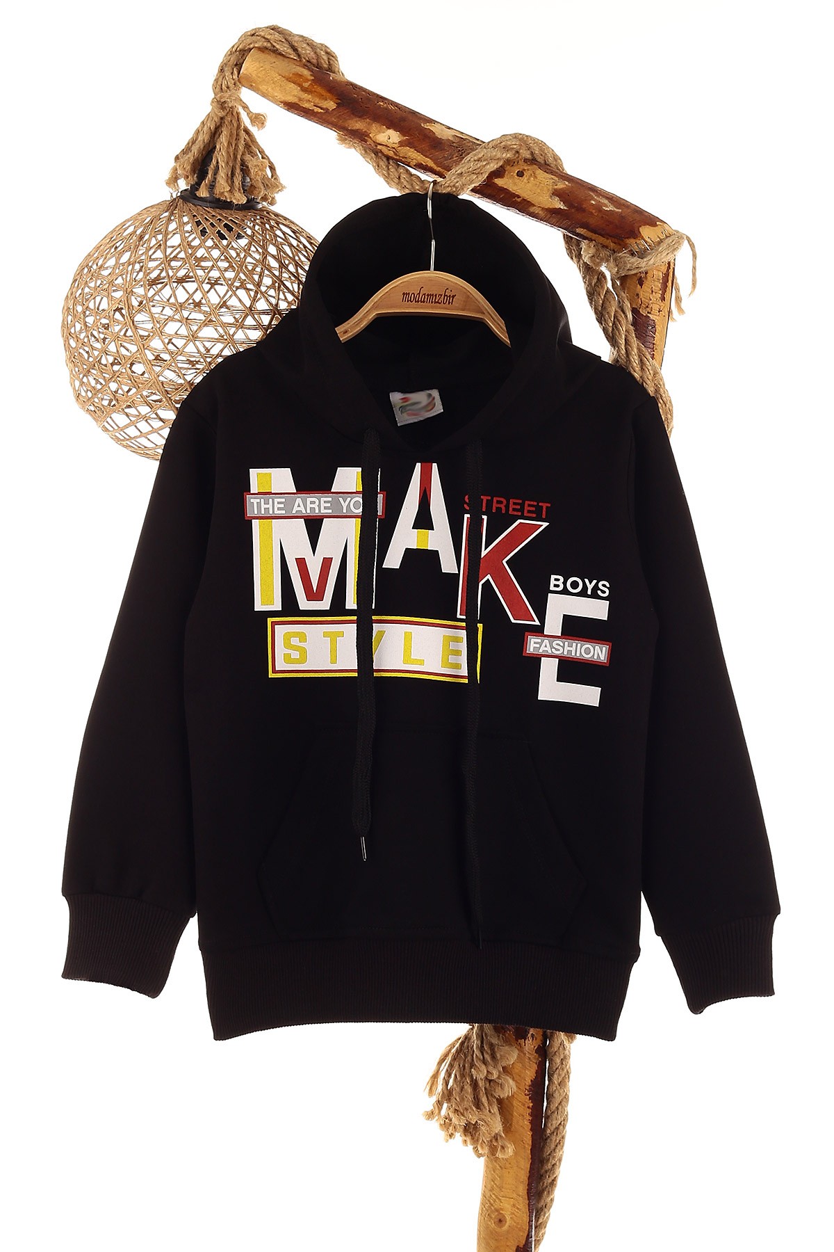 Siyah (5-8 Yaş) Make Baskılı Kapüşonlu Erkek Çocuk Sweat 152689