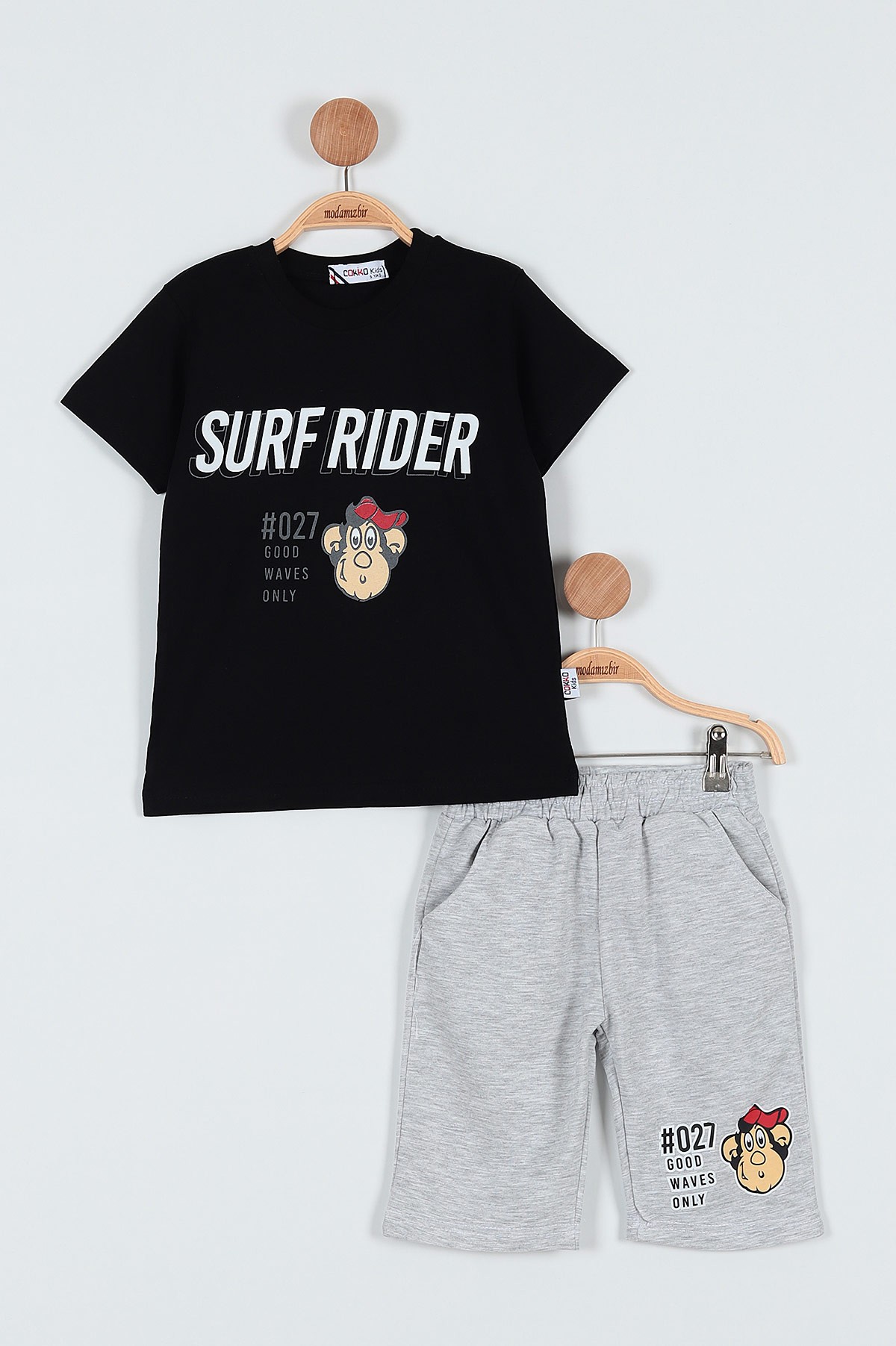 Siyah (5-8 Yaş) Maymun Surf Rıder Baskılı Şortlu Erkek Çocuk Takım 186184