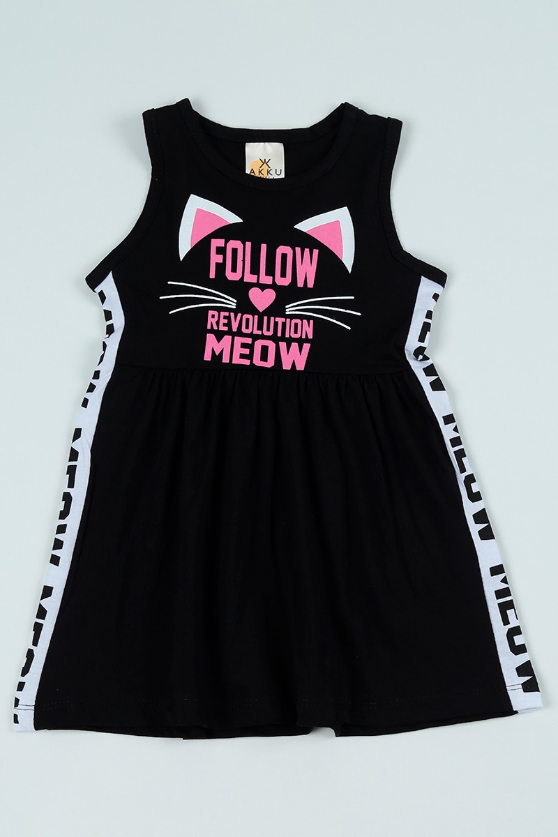 Siyah (5-8 Yaş) Meow Baskılı Kız Çocuk Elbise 97679