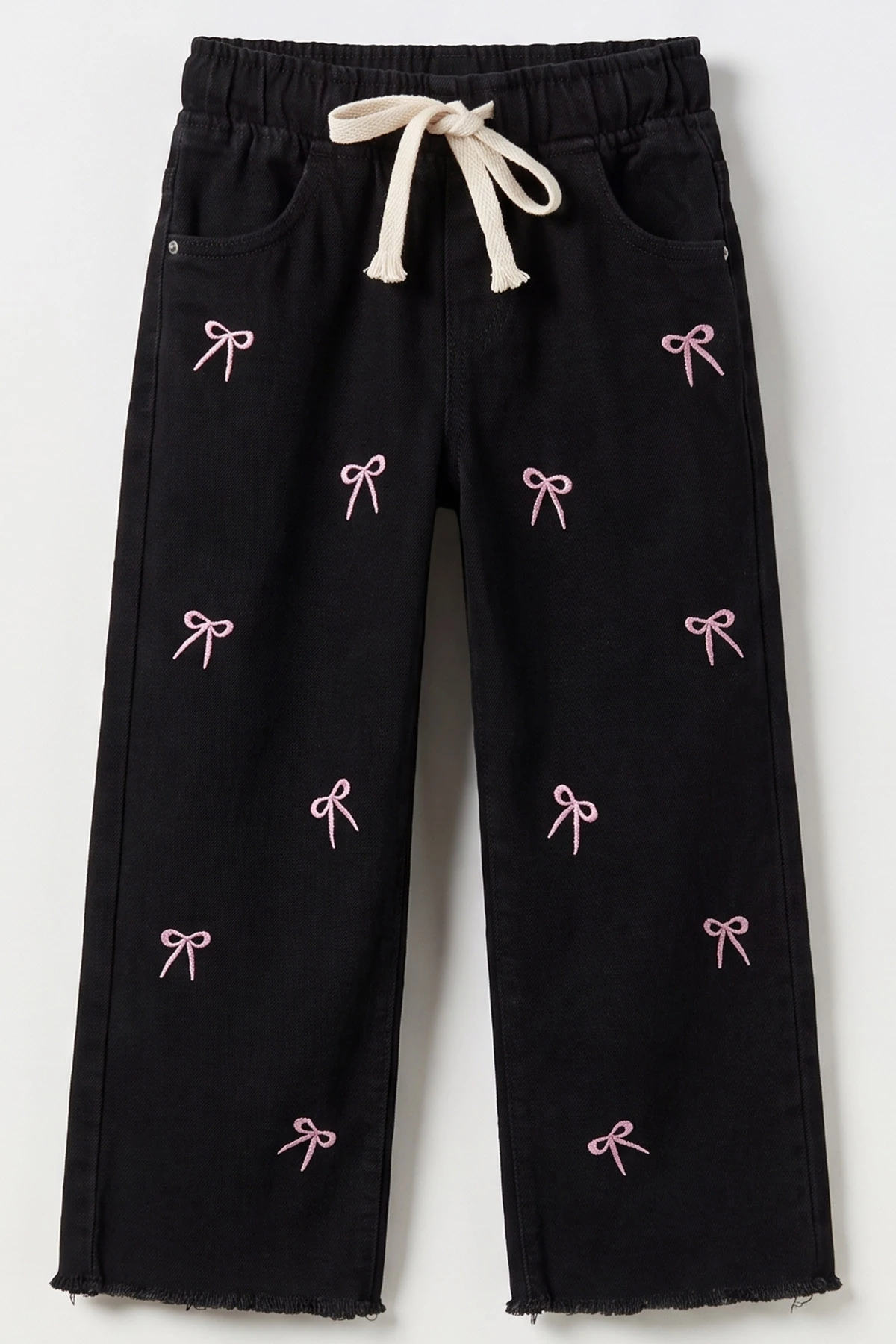 Siyah (6-12 Yaş)Beli Lastikli Fiyonk Nakışlı Paça Püsküllü Kız Çocuk Kot Pantolon 492859
