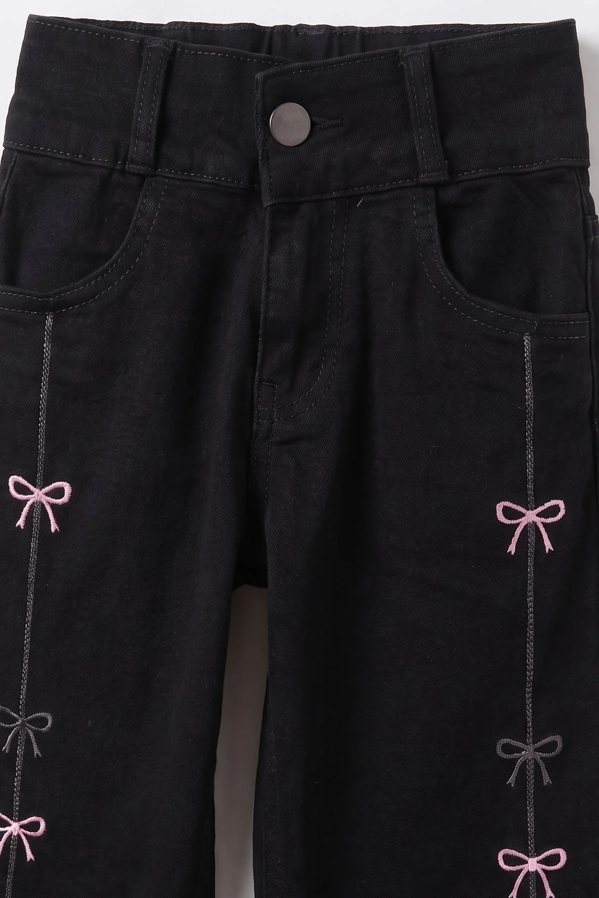 Siyah (6-12 Yaş)Şerit Kurdele Nakışlı Kız Çocuk Kot Pantolon 492854