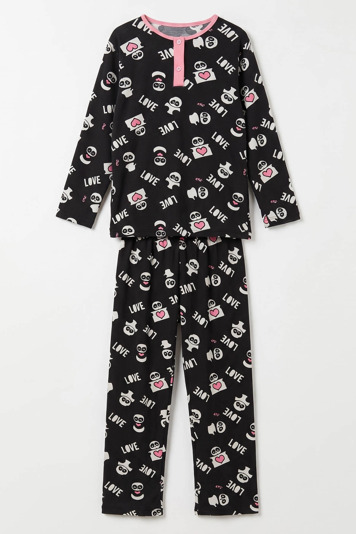 Siyah (6-14 Yaş) Desenli Yakadan Yarım Düğmeli  Süprem Kumaş Kız Çocuk Pijama Takımı 487215