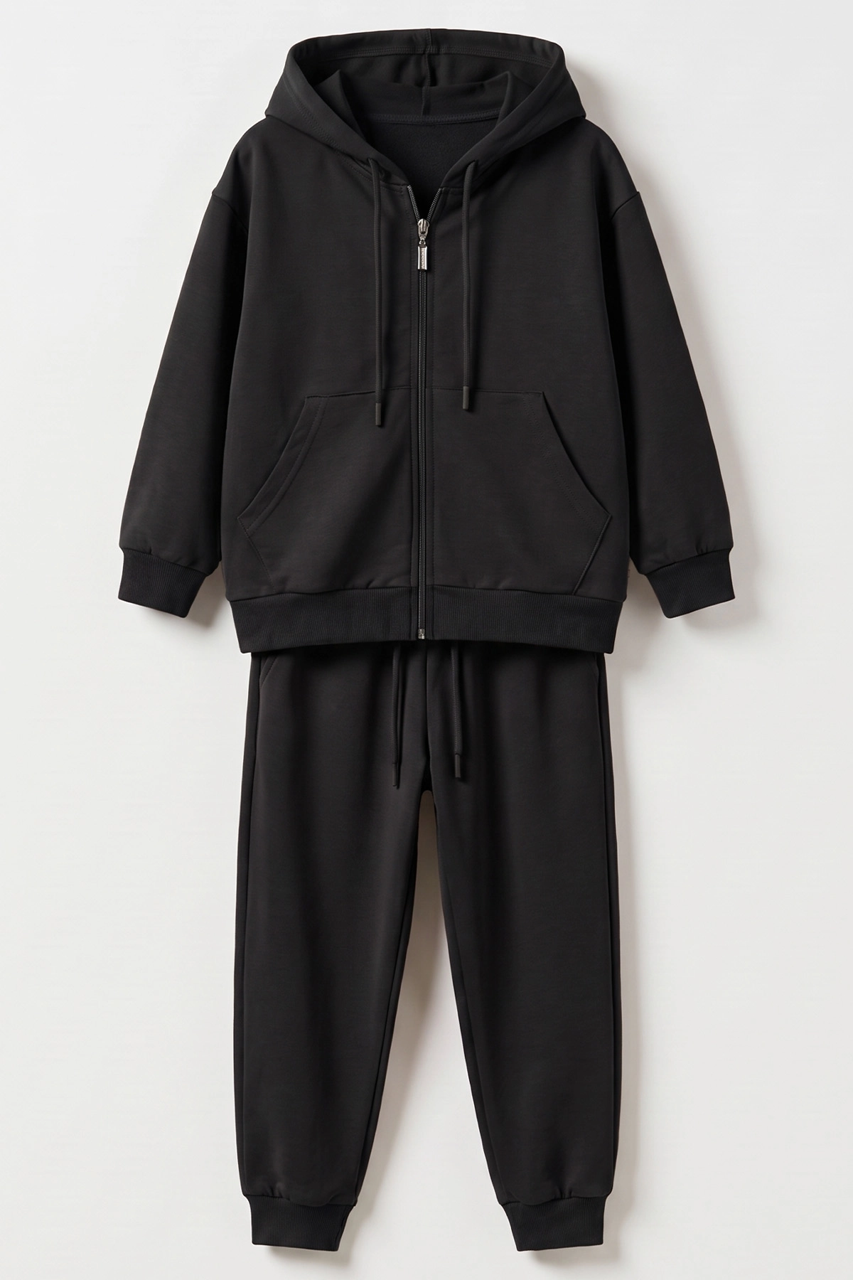 Siyah (6-14 Yaş) Kapüşonlu ve Fermuarlı 2 İp Penye Kumaş Unisex Çocuk  2'li Takım 488730