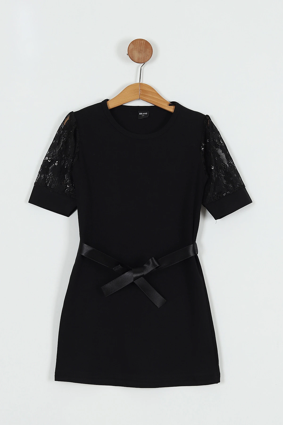 Siyah (6-14 Yaş) Kol Dantelli Bel Kuşaklı Kız Çocuk Elbise 254990