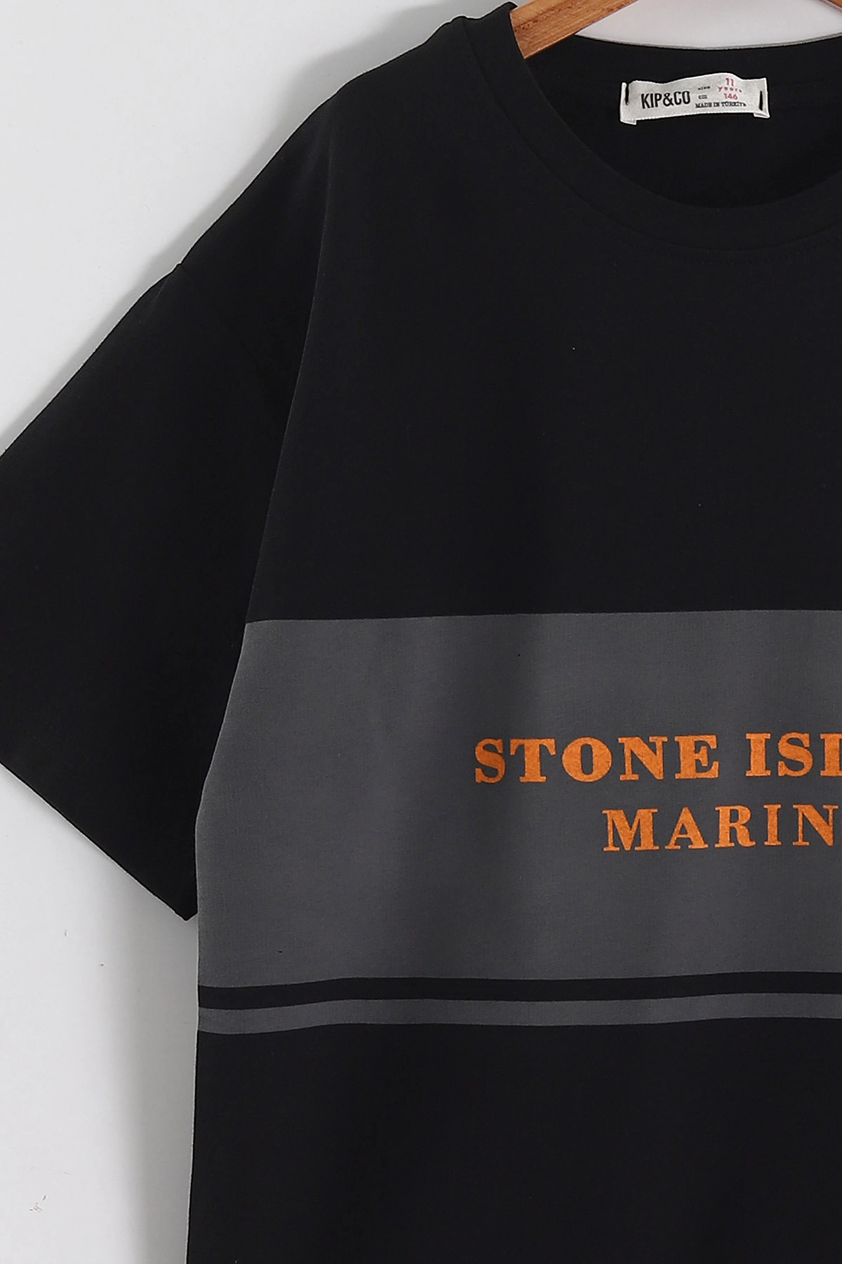 Siyah (6-14 Yaş) Stone Island Baskılı 2 İp Erkek Çocuk Tişört 469282