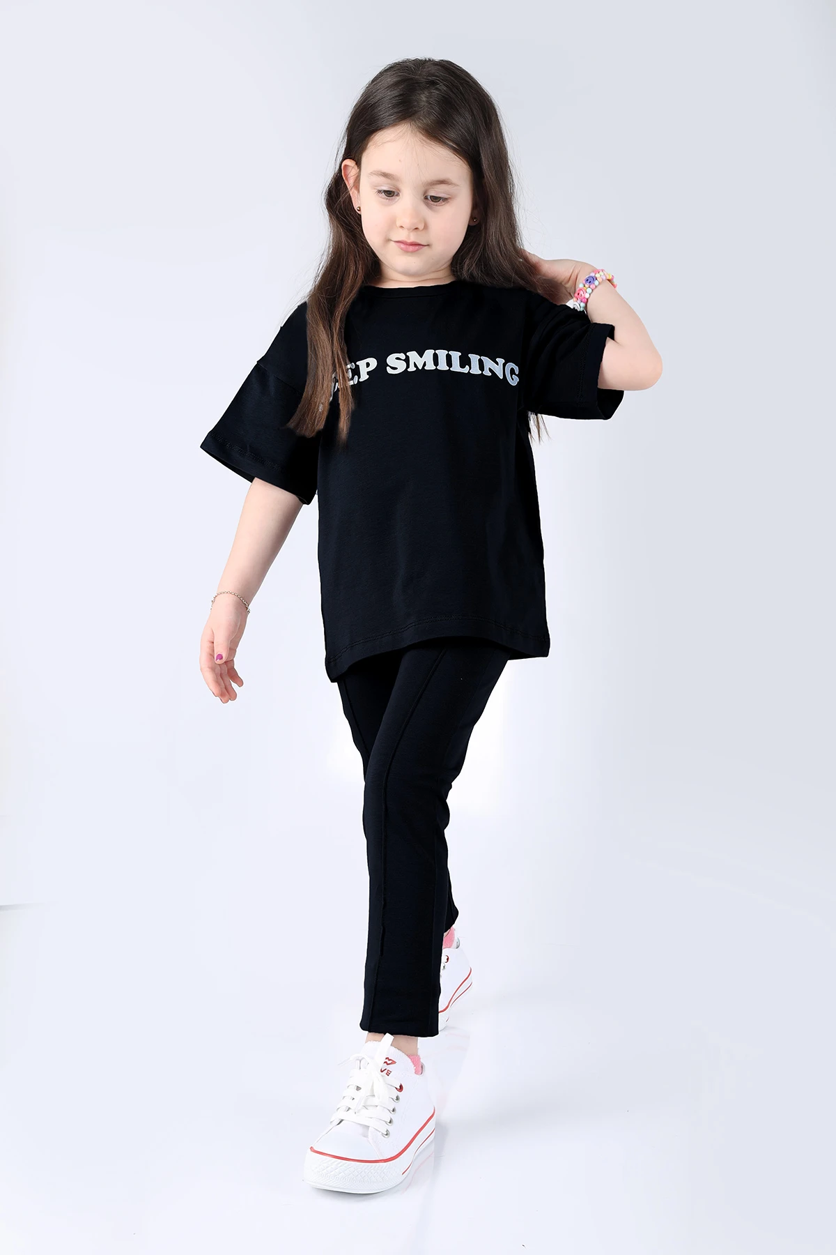 Siyah (6-9 Yaş) Keep Smiling Baskılı Kız Çocuk Takım 264474