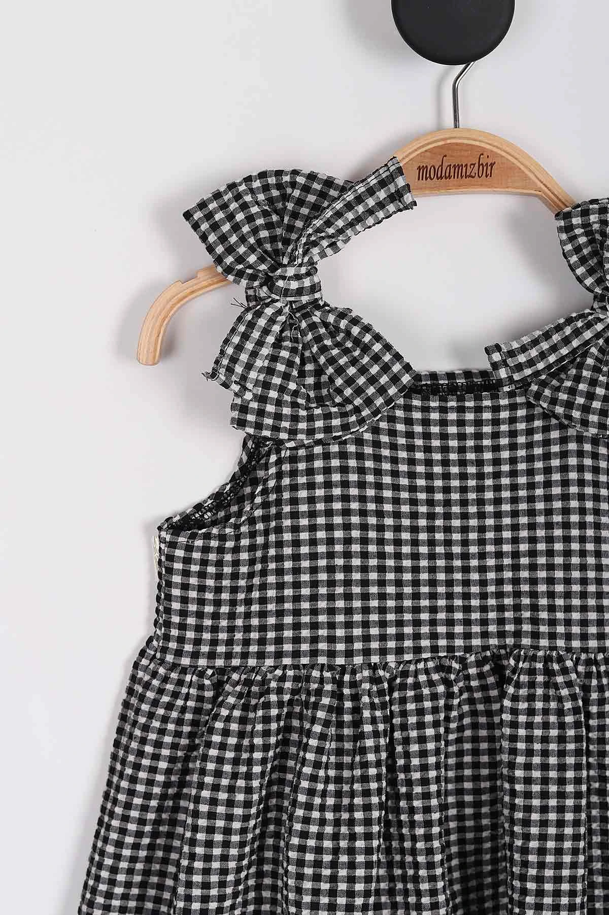 Siyah (6-9 Yaş)  Pötikare Desenli Şapkalı Kız Çocuk Elbise 254165