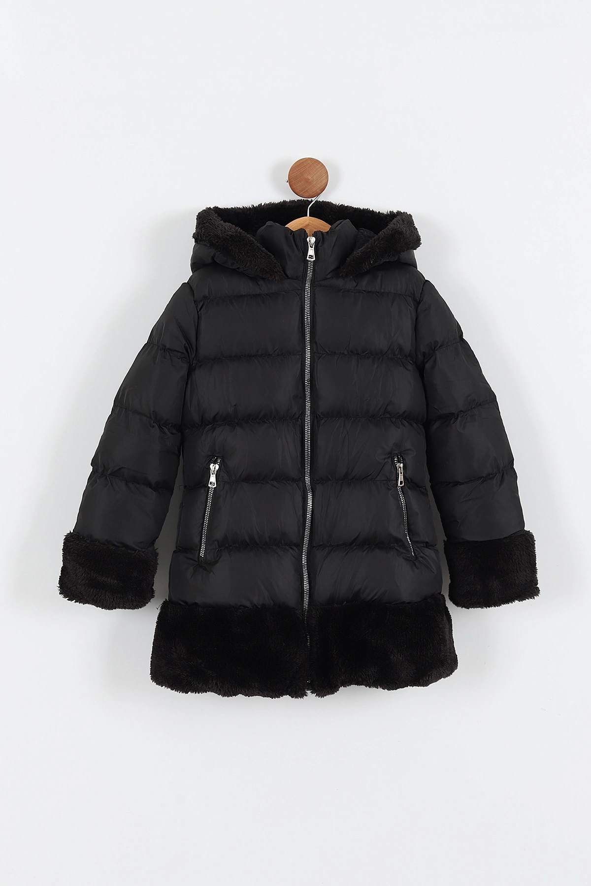 Siyah (7-10 Yaş) Etek Kol ve Kapüşon Peluşlu İç kürklü Dolgun Kız Çocuk Mont 309219