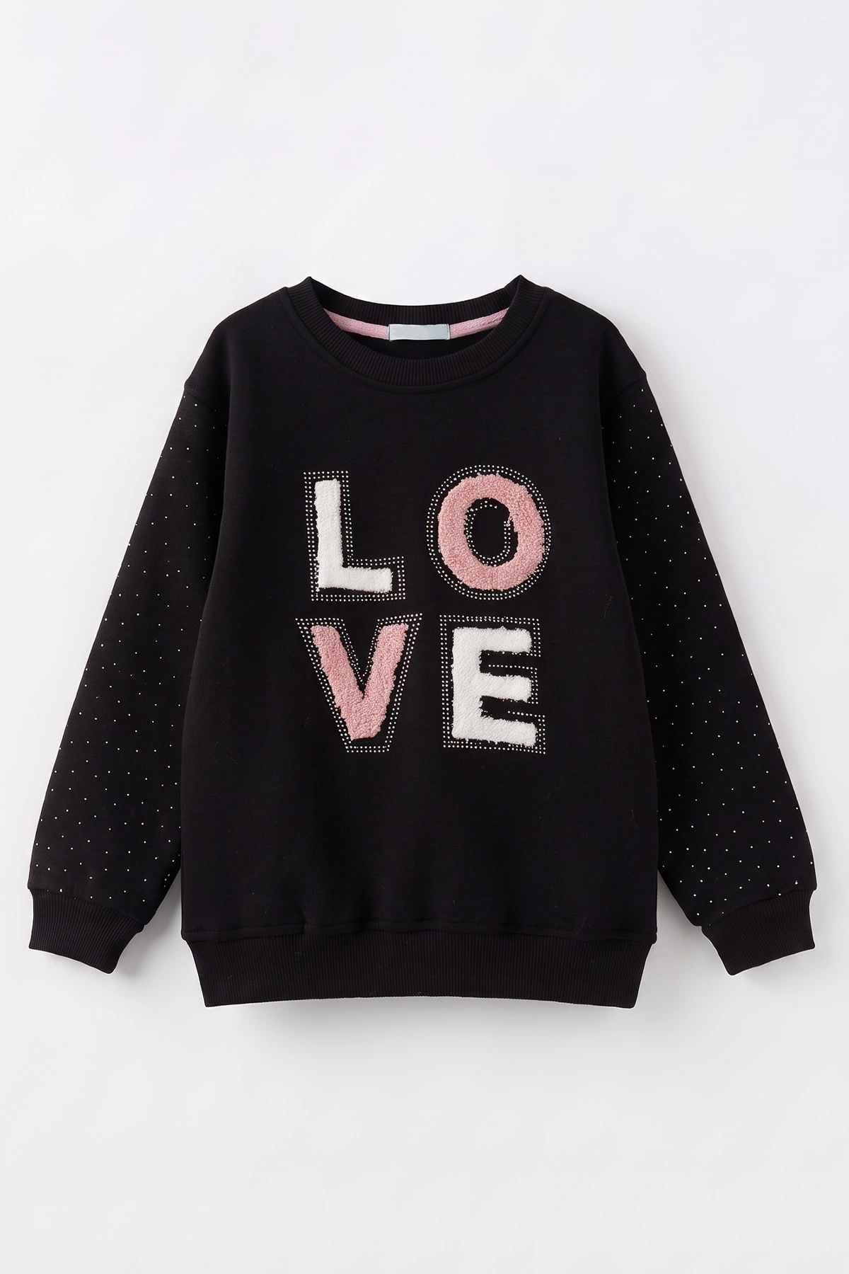 Siyah (2-11 Yaş) Love Nakışlı Taşlı İçi Şardonlu Kız Çocuk Sweatshirt 483272
