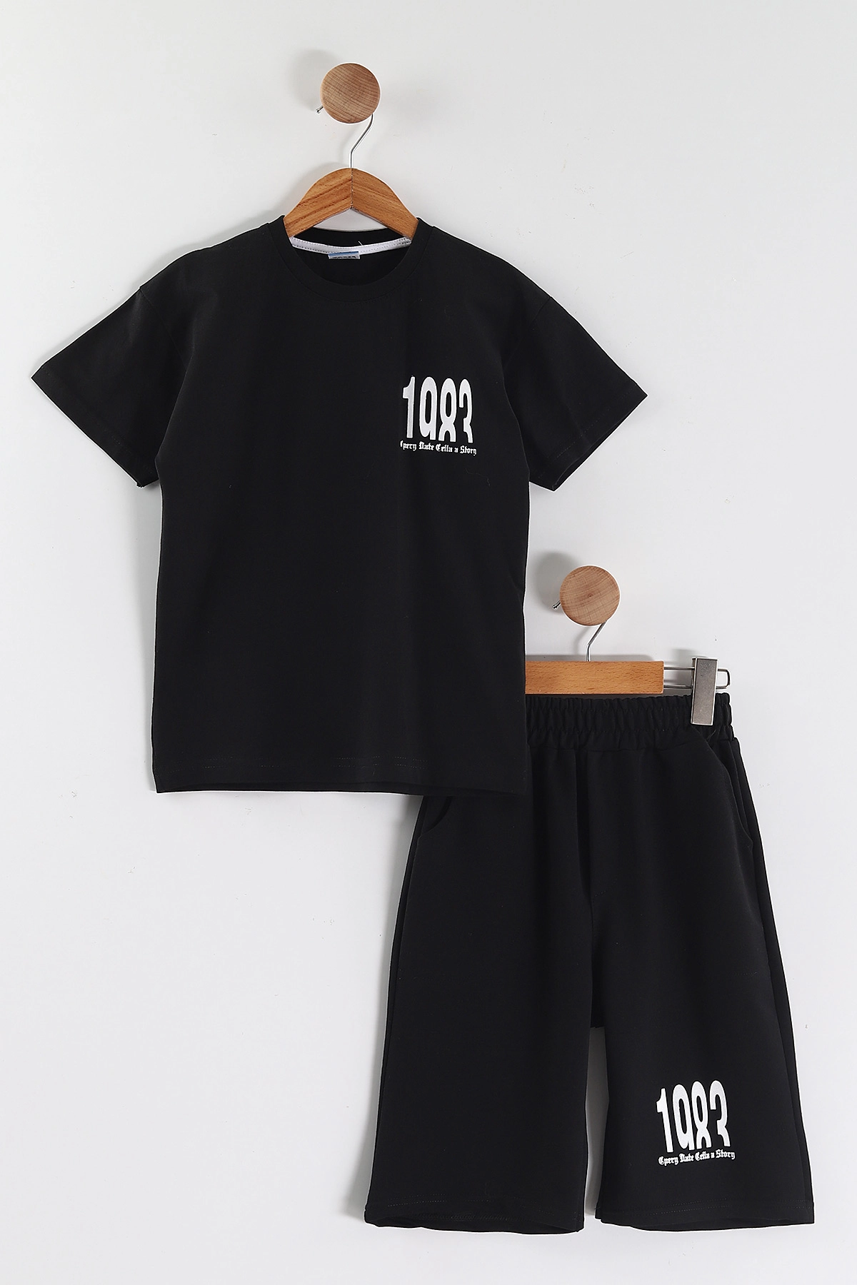 Siyah (7-14 Yaş) 1983  Baskılı   Şortlu Süprem Erkek Çocuk Yazlık Takım 446302