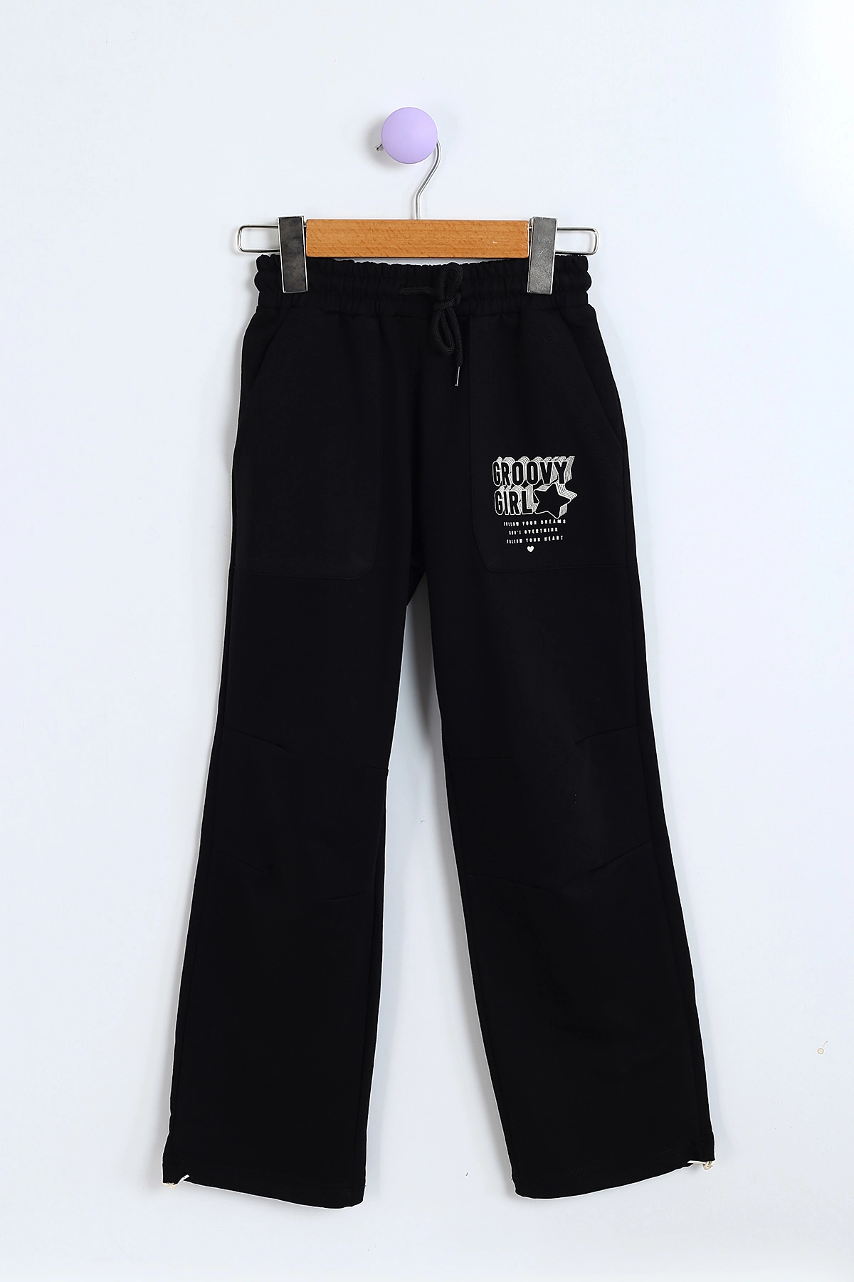 Siyah (8-12 Yaş) Belden Sıkmalı Oversize Model Ön Cepli Kız Çocuk Takım 302942