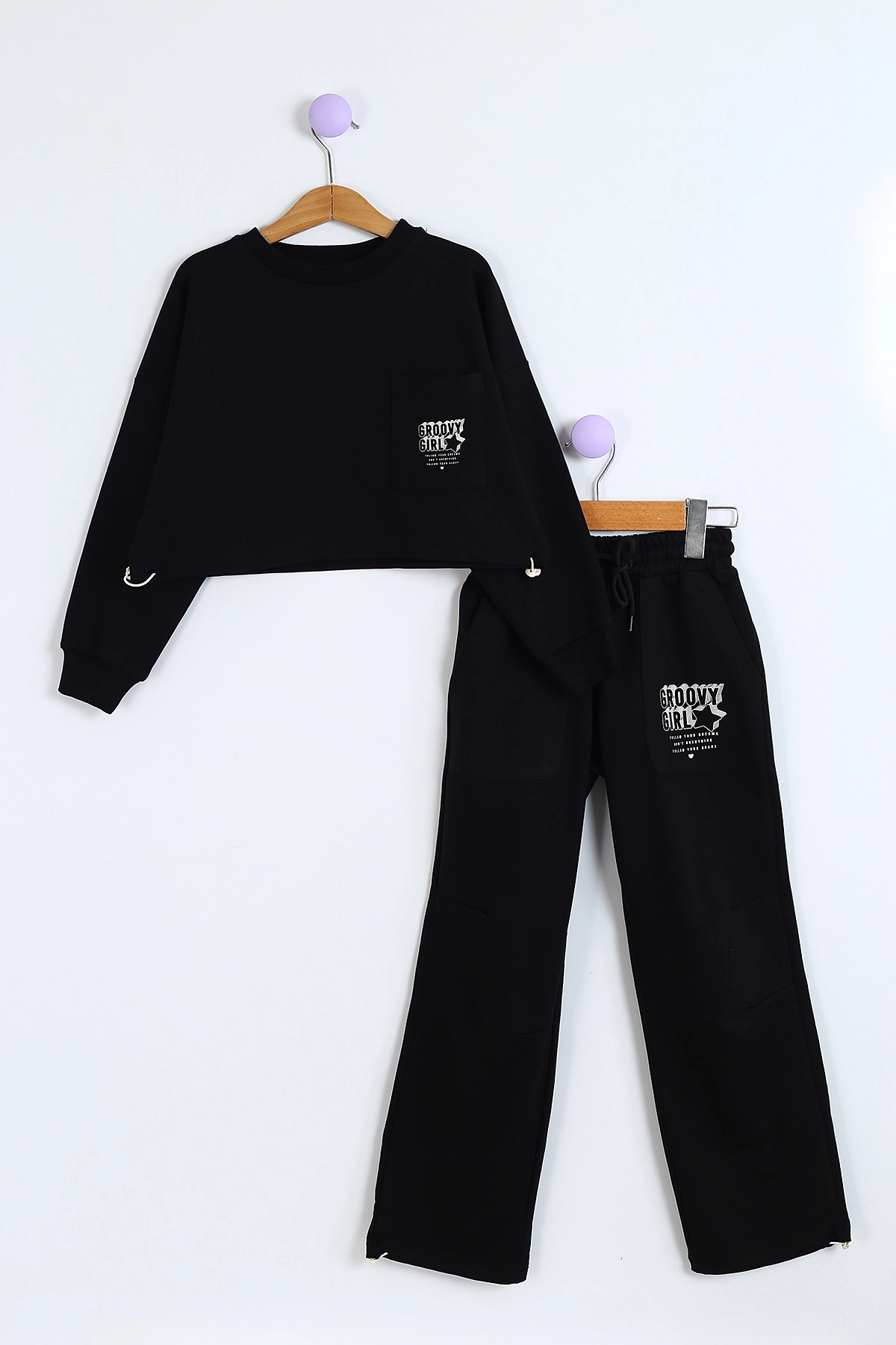 Siyah (8-12 Yaş) Belden Sıkmalı Oversize Model Ön Cepli Kız Çocuk Takım 302942