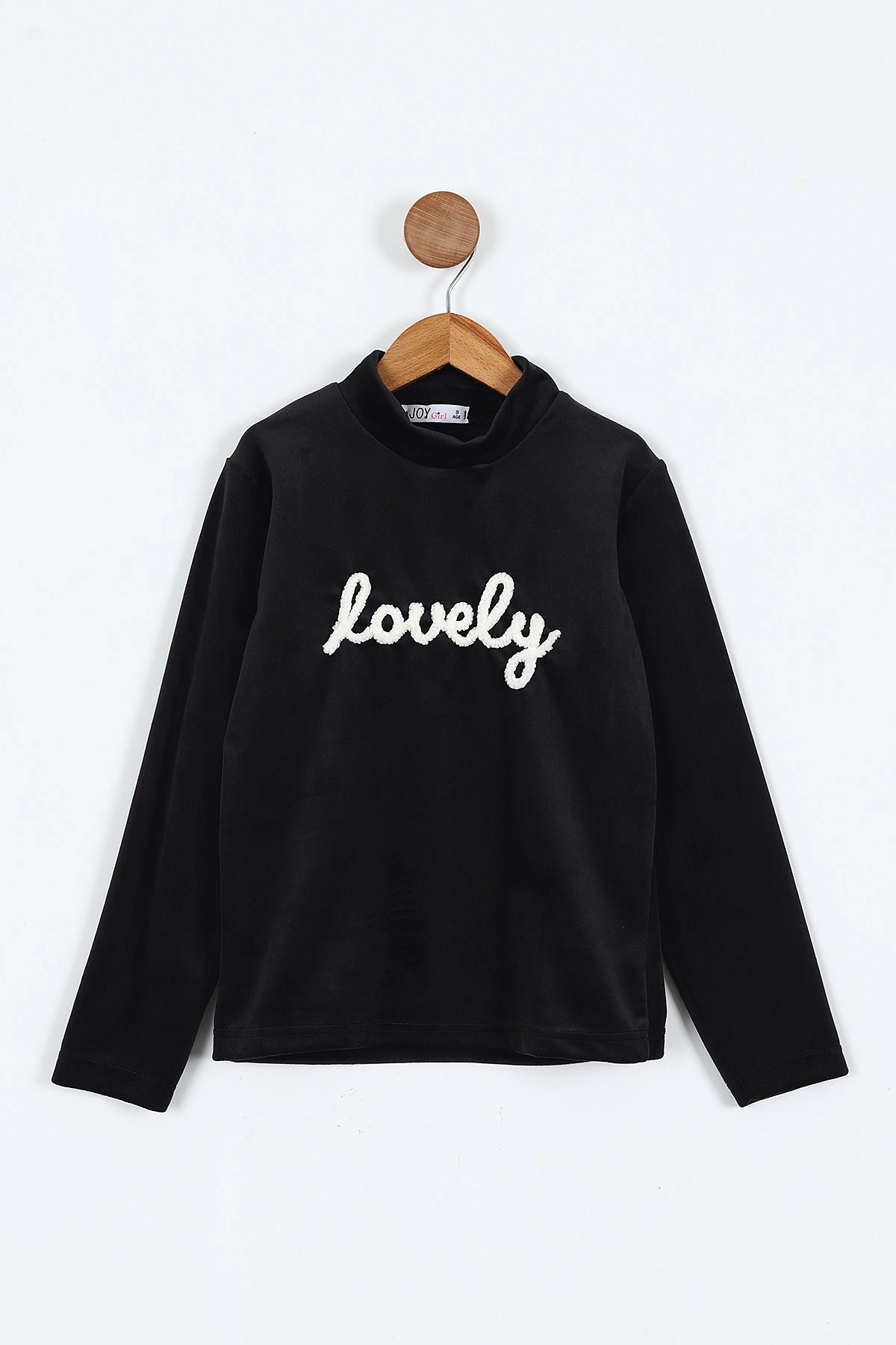 Siyah (5 -12 Yaş) Lovely Nakışlı Yarım Balıkçı Yaka Kadife Kız Çocuk Sweat 410597