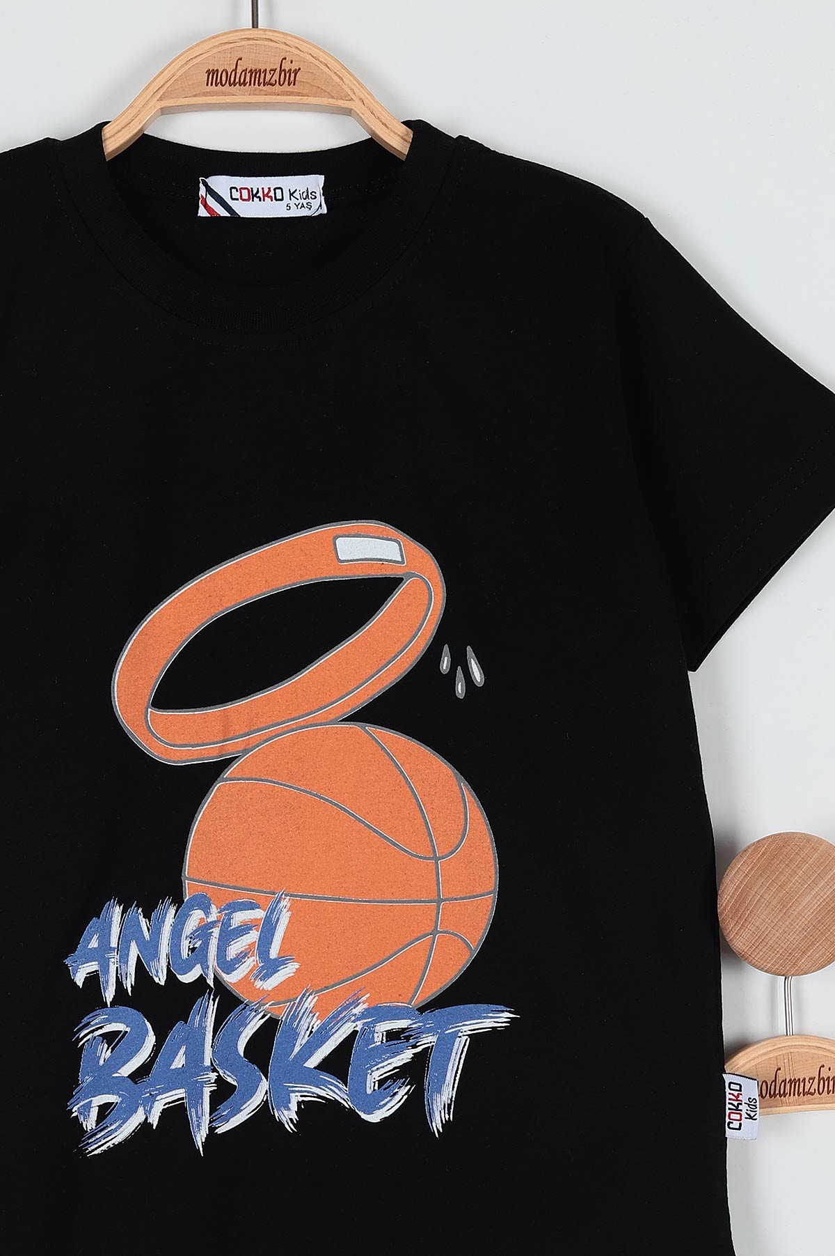 Siyah (9-12 Yaş) Angel Basketbol Baskılı Şortlu Erkek Çocuk Takım 186227