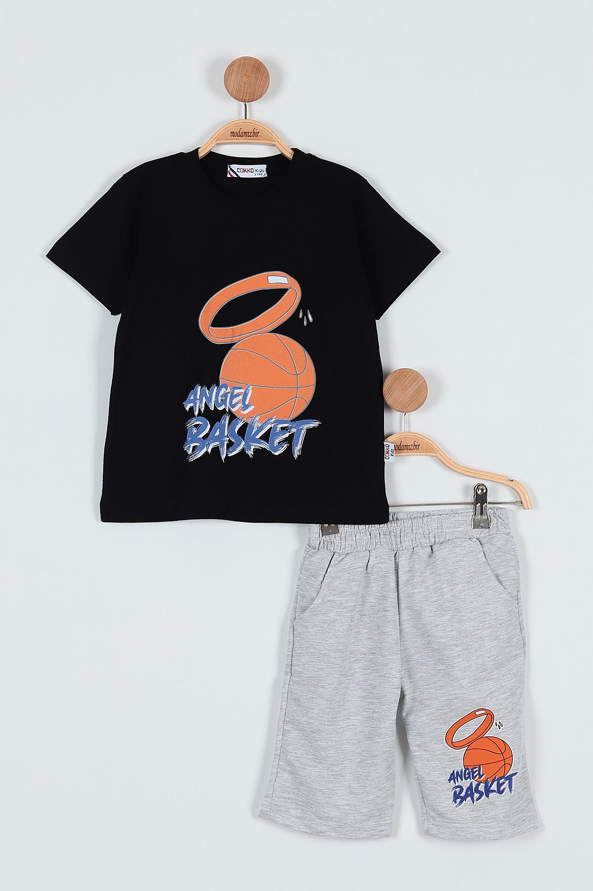 Siyah (9-12 Yaş) Angel Basketbol Baskılı Şortlu Erkek Çocuk Takım 186227